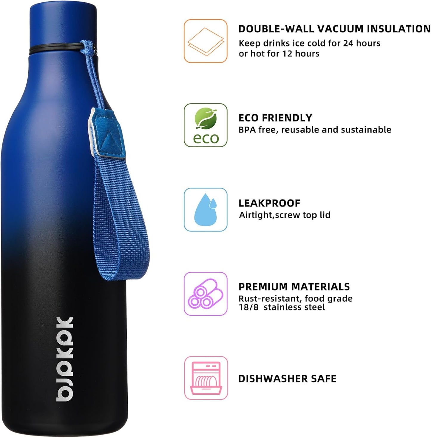 BJPKPK Insulated Water Bottles, 25 oz Stainless Steel Metal Water Bottle with Strap, BPA Free Leak Proof Thermos, Mugs, Flasks, Reusable Water Bottle for Sports & Travel, Blue Black