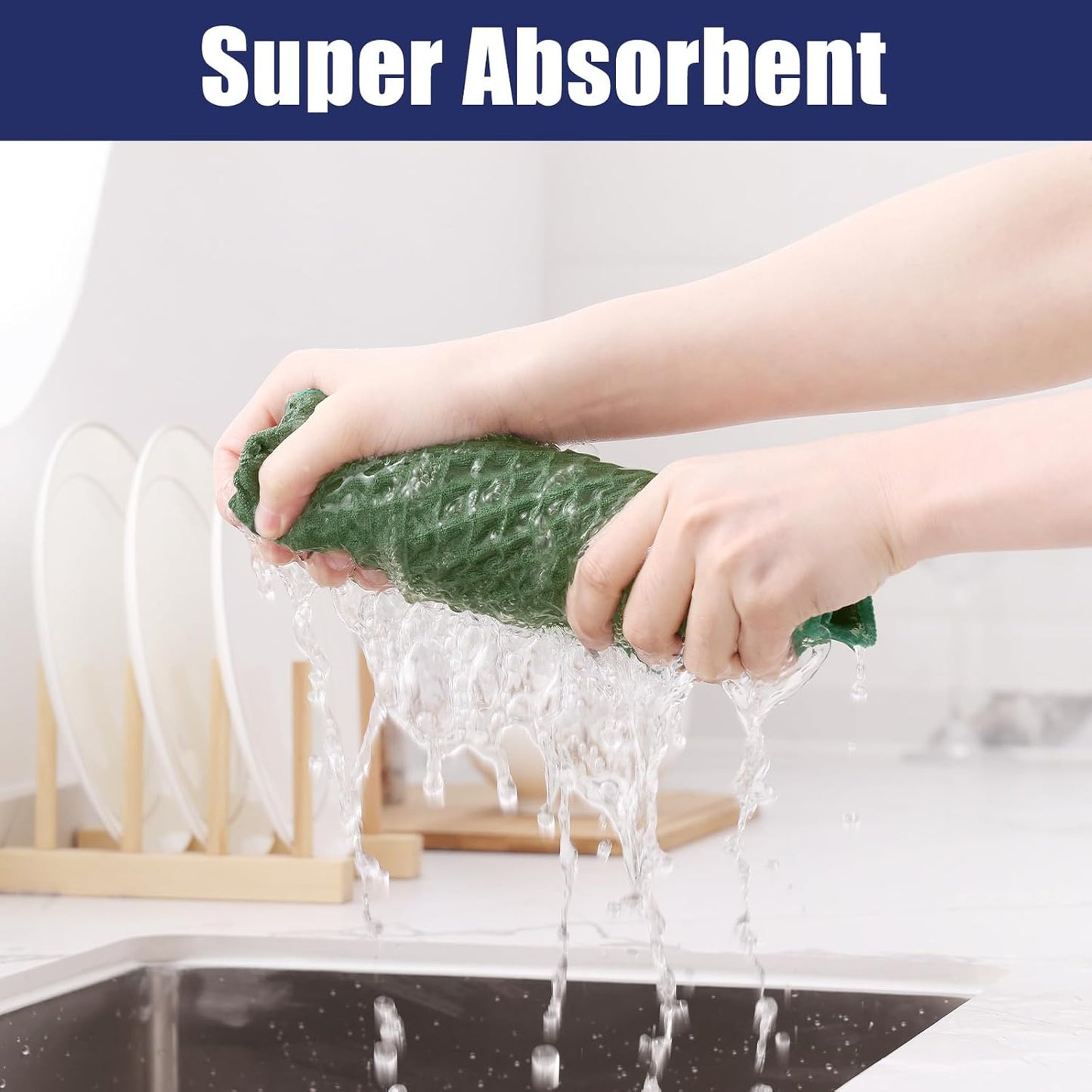 Homaxy Microfiber Waffle Weave Kitchen Towels, 16 x 28 Inch Ultra Absorbent and Solid Color Dish Towels, 4 Pack, Grass Green