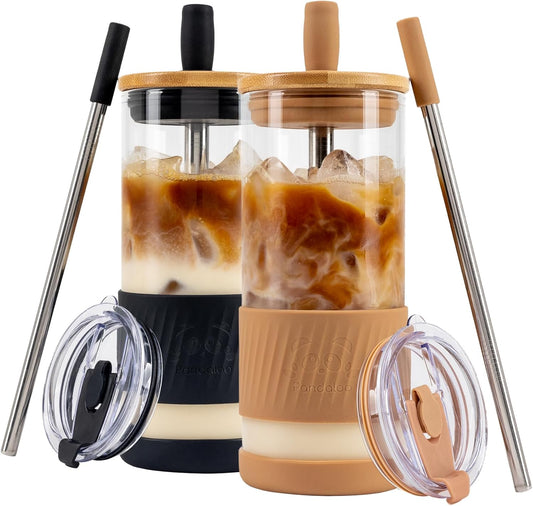 Pandaloo® Glass Cups With Lids and Straws -20 Fl Oz- Perfect Size Iced Coffee Cup - Smoothie Cup With Bamboo Lid and On the go Lid - Glass Tumbler (2 Count (Pack of 1), Amber Sand-Black Saphir)