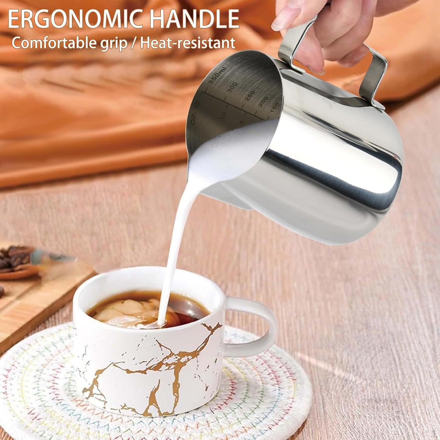 2 Pack Stainless Steel Milk Frothing Pitcher, 12 Oz/350ml, with Latte Art Pen