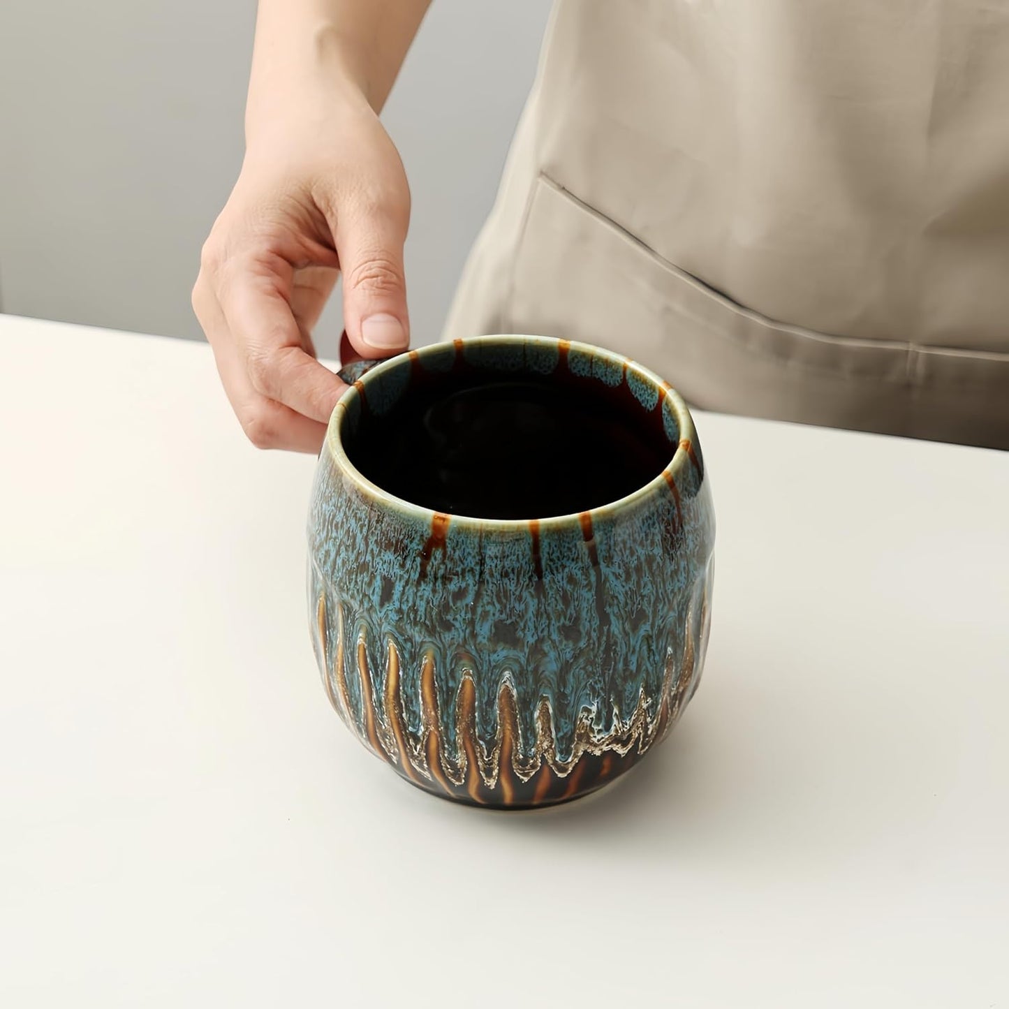 20oz Raku Glaze Coffee Mug - Unique Handcrafted Look Ceramic Cup, Large Tea Mug, Microwave & Dishwasher Safe (blue)