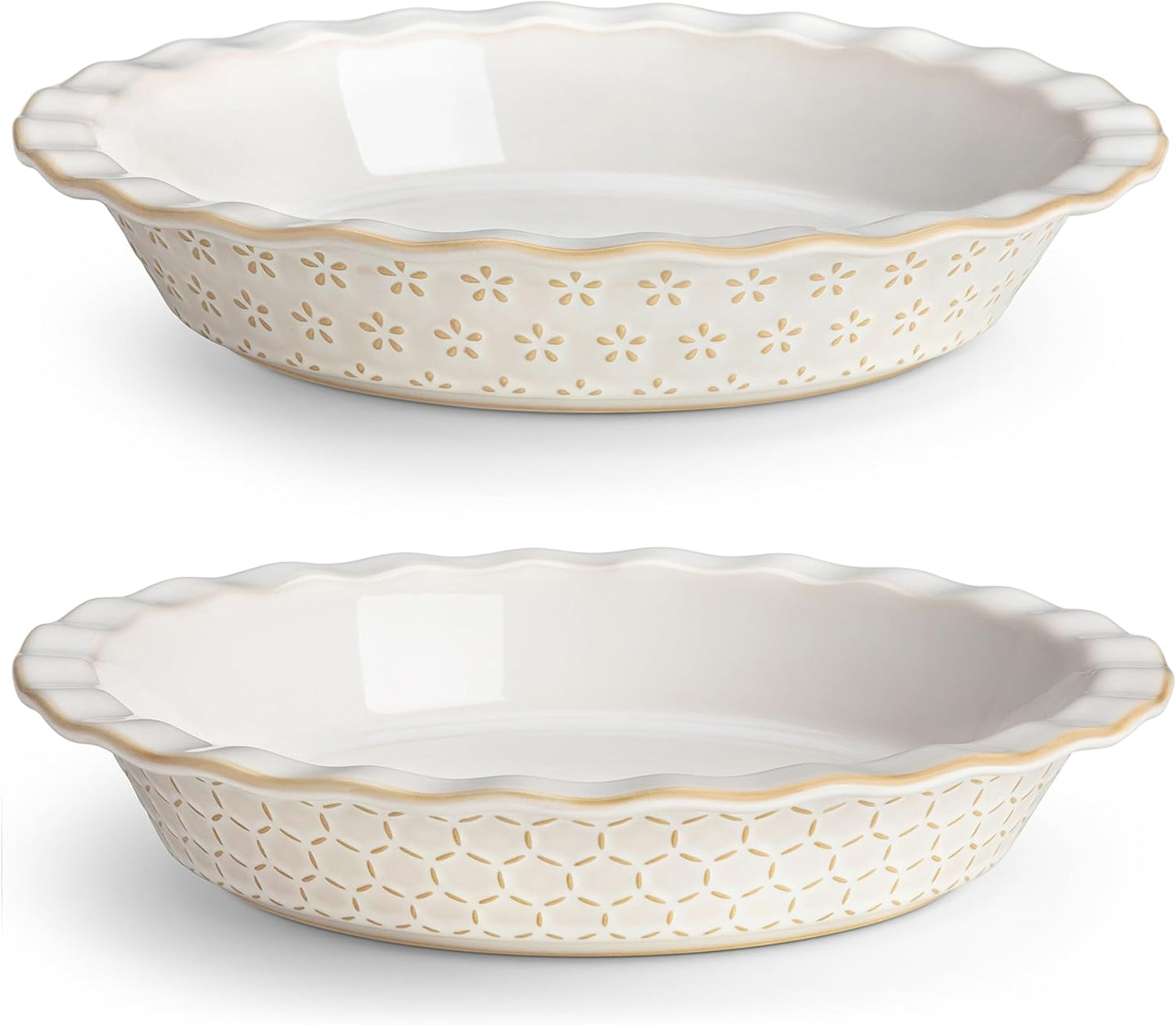 MALACASA 9 Inch Pie Pan, Embossed Deep Dish Plate, 45 OZ Round Quiche Baking Dish for Oven, Fluted for Apple Pie and Quiche, Set of 2, Series LYDIA