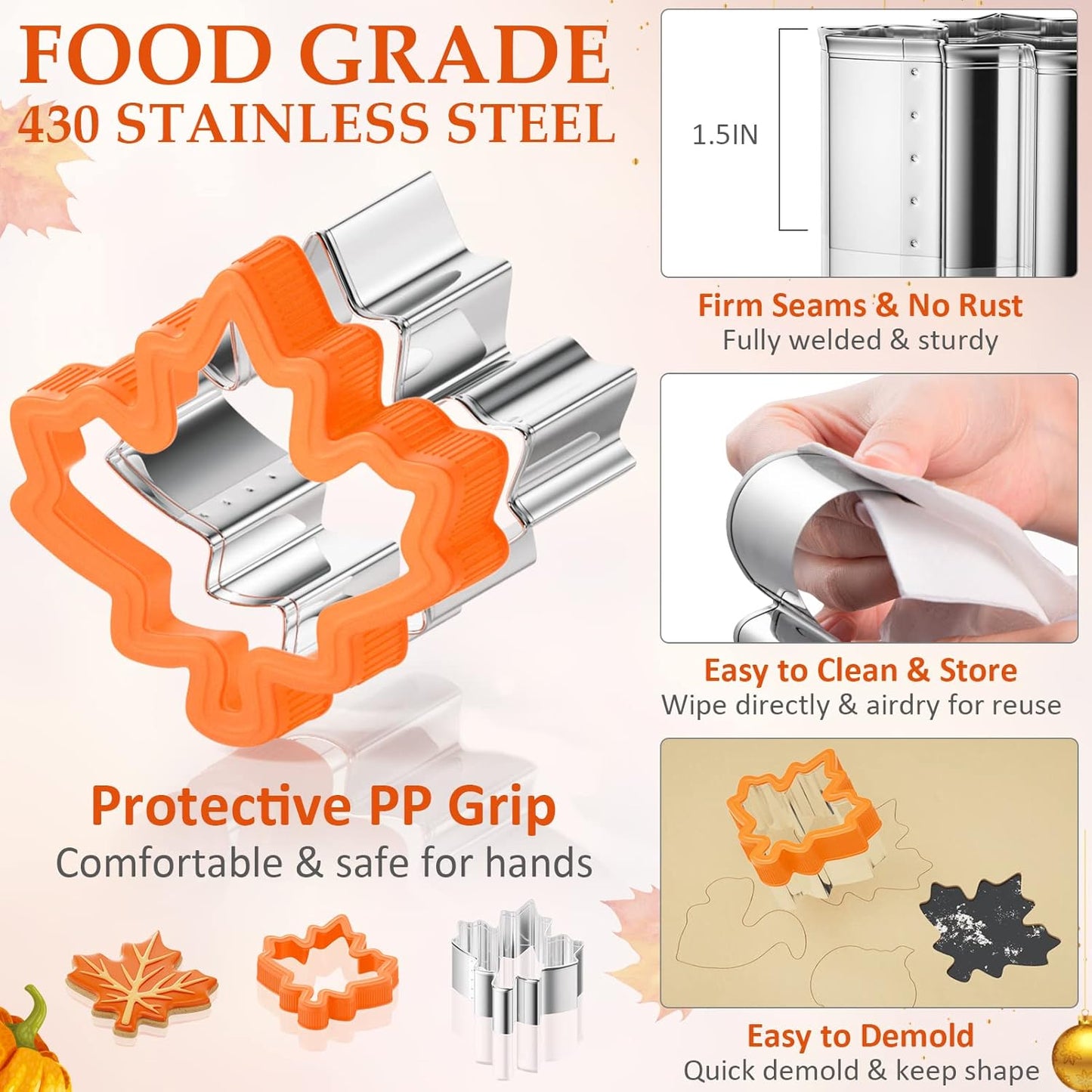 Fall Thanksgiving Cookie cutters Set 8 Pieces, Holiday Christmas Cookie Cutters Pumpkin Leaf Baking Cutters Shapes for Kids with Comfort Grip, Gingerbread Man, Turkey, Squirrel, Xmas Tree, Santa, etc