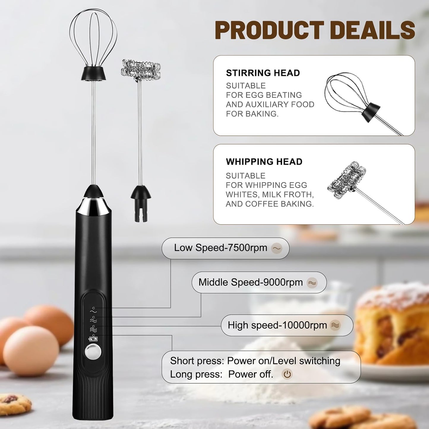 BEoffer Milk Frother Handheld Rechargeable 2000mAH Power Frother Wand Electric Foam Maker with 2 Stainless Whisks 3 Speeds Drink Mixer Coffee Frother for Latte, Cappuccino, Matcha, Hot Chocolate, Egg