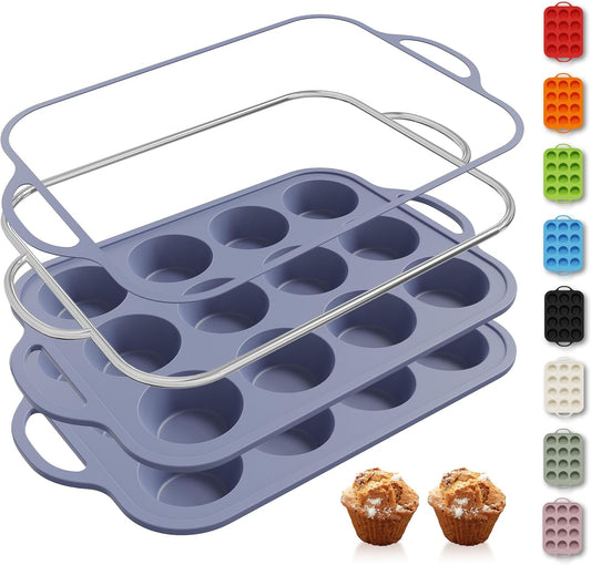2 Packs 12 Cups Silicone Muffin Pan with Metal Reinforced Frame Regular Size Cupcake Pan Tray Egg Bites Silicone Circle Cookie Molds Muffin Tin Tart Pans Baking Sheet Set for Breakfast Sandwiches