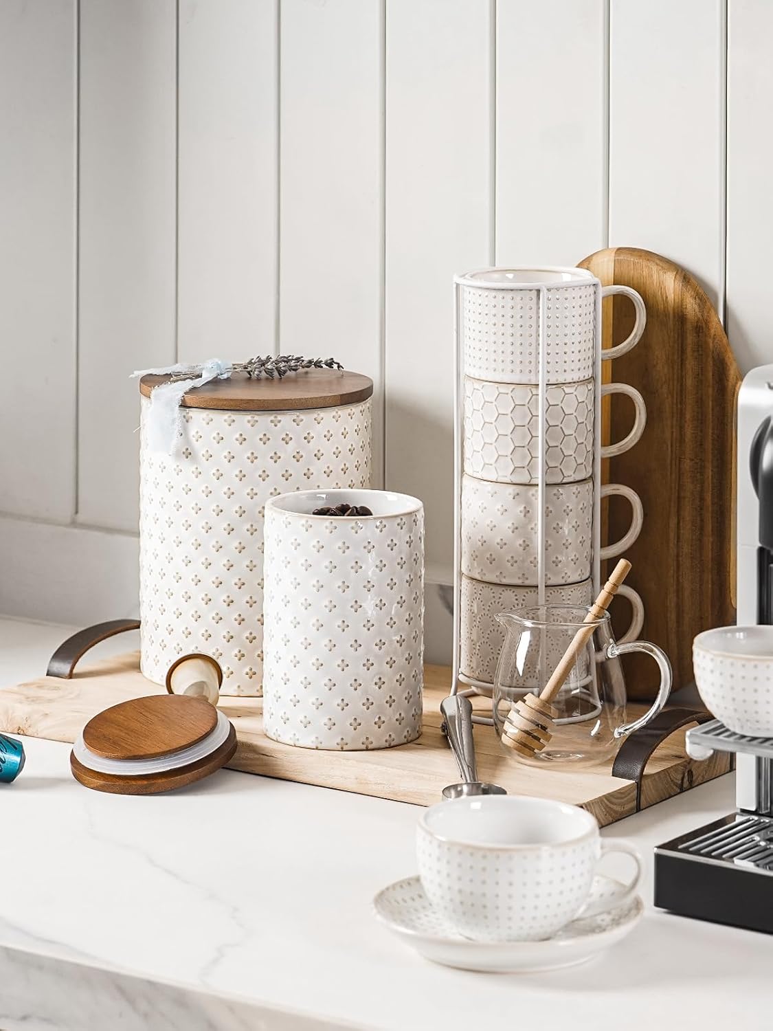 LE TAUCI Food Storage Containers with Airtight Lids, 78/25 oz Ceramic Sugar Canisters Sets, Embossed Large Jars for Pasta, Oats, Coffee Bean, Cookies, Rice, Grains, Tea - Set of 2, Clover