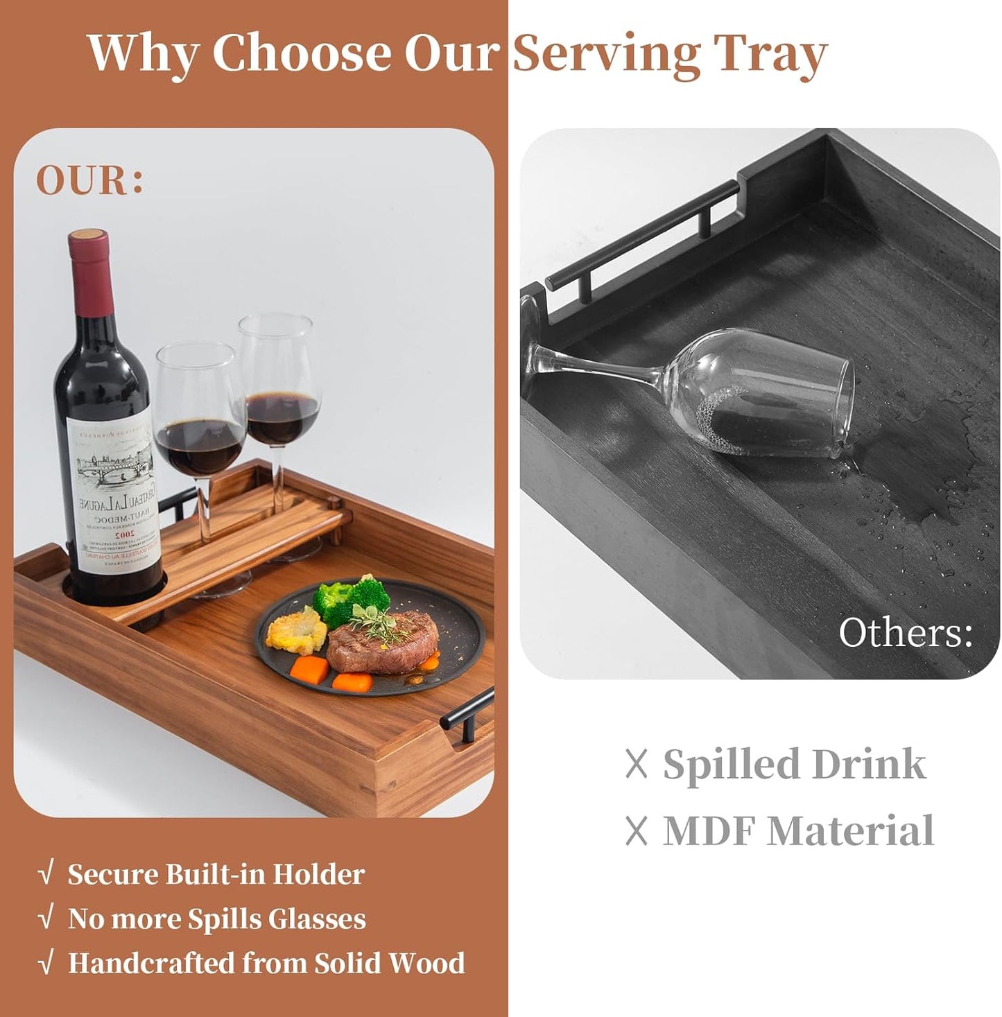 Serving Tray with Handles, 17"x12" Wooden Tray with Removable Wine Glass Holder Ottoman Tray Wood Serving Trays with Metal Handles for Breakfast, Dinner, Coffee Table, Food Drinks