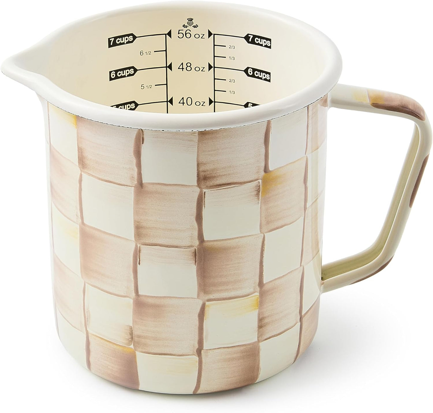 MACKENZIE-CHILDS Enamel Measuring Cup, Cute Measuring Cup with Pour Spout, 7-Cup Capacity, Brown-and-White Mocha Check