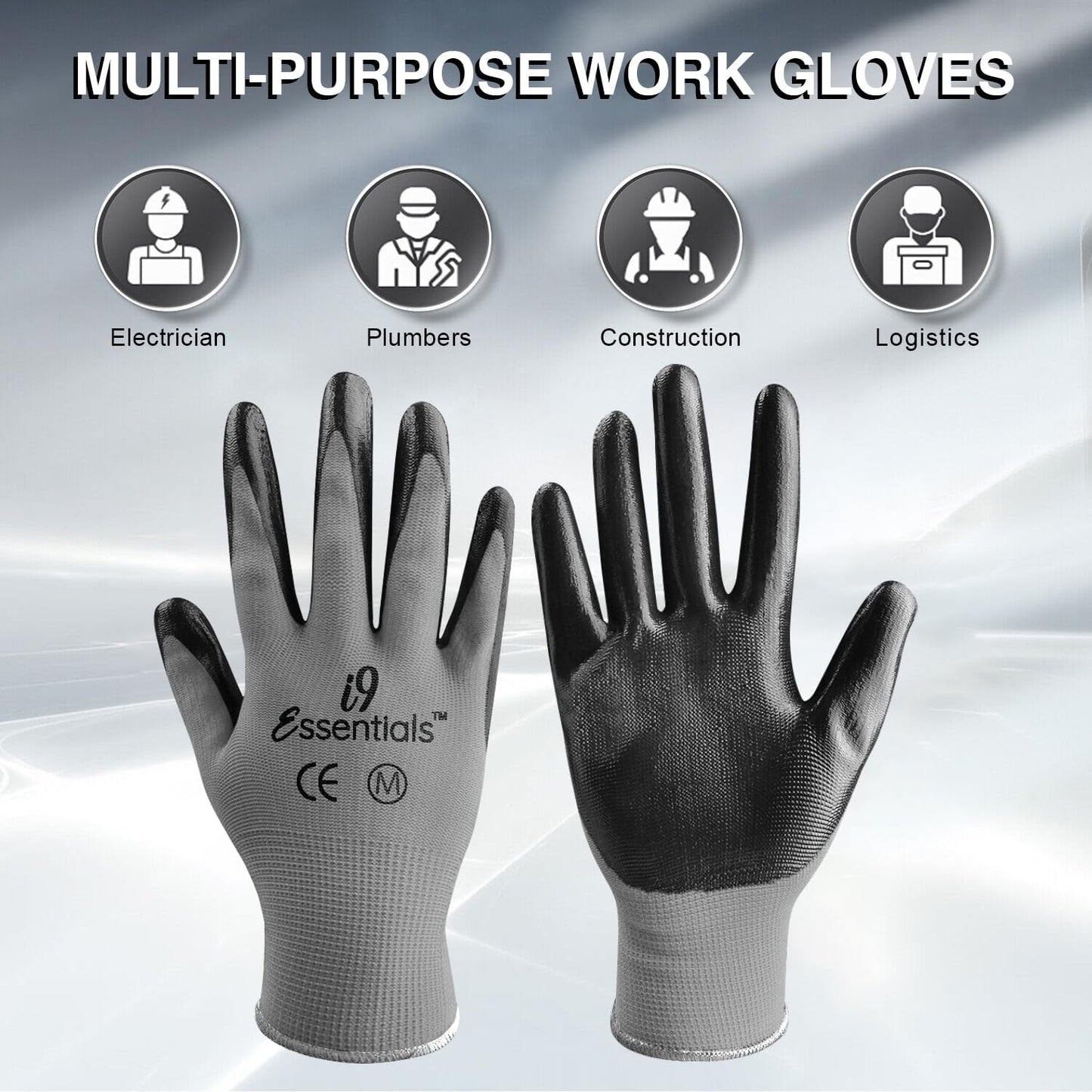 I9 Essentials 6 Pairs Nitrile Coated Work Gloves – Medium,Lightweight Grip Gloves for Men & Women – Gardening, Construction, Mechanic, Woodworking