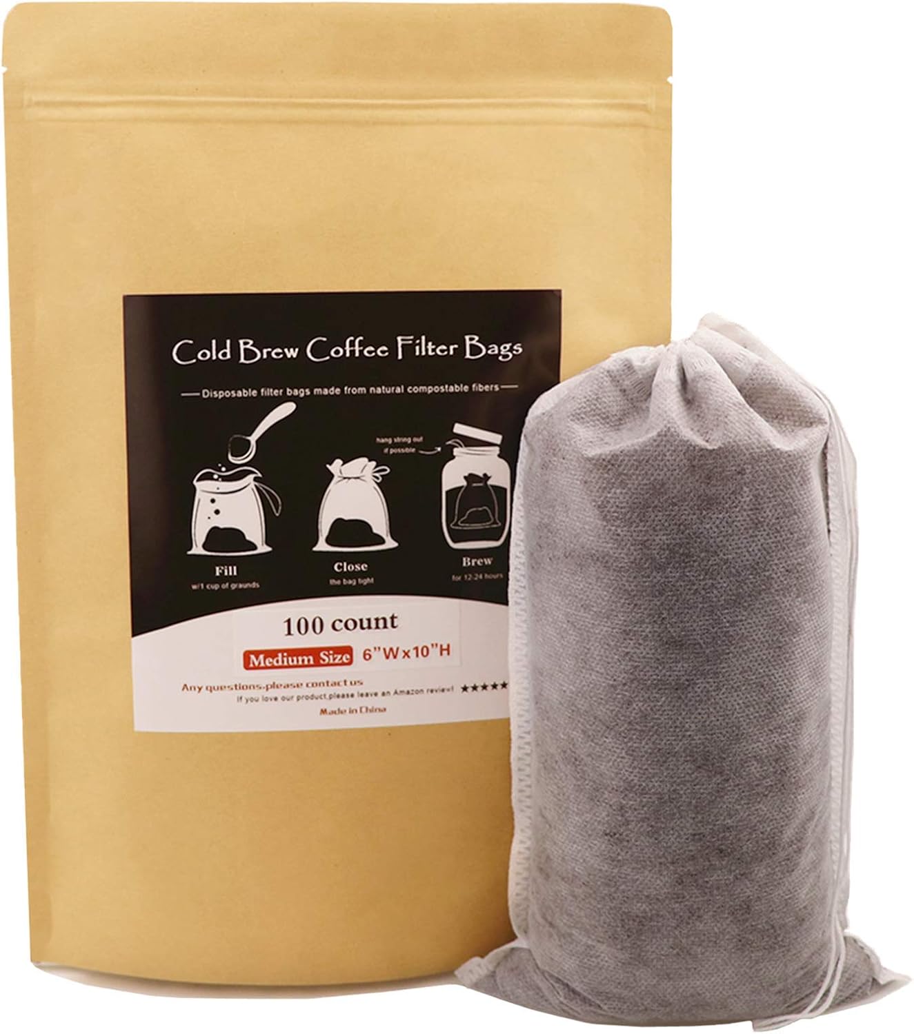 Disposable Cold Brew Coffee Filters - 100 Count Single Use Filter Sock Packs Sturdy Fine Mesh Brewing Bags for Concentrate, Iced Coffee Maker, French/Cold Press Kit, Tea in Mason Jar, 6'' x 10''