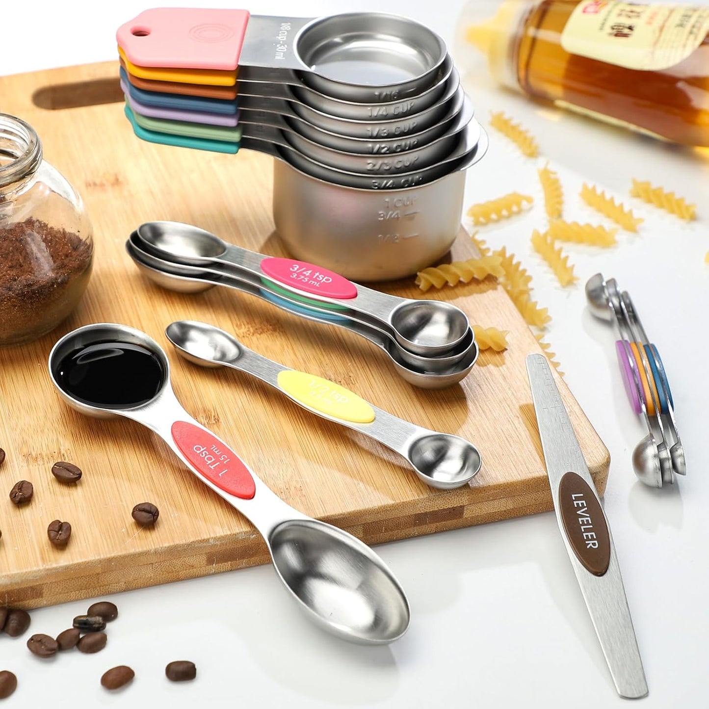 Magnetic Measuring Cups and Spoons Set of 16 Including 7 Stainless Steel Stackable Magnetic Measuring Cup 8 Magnetic Measuring Spoon with Leveler for Measuring Dry Liquid Ingredient