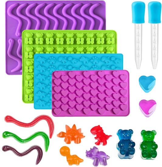 Gummy Candy Molds - Silicone Gummy Bear/Dinosaur/Hearts/Gummy Worm Mold for Kids with 2pcs Dropper,Non-stick and Bpa Free for Mini Candy Chocolate Gummies Baking