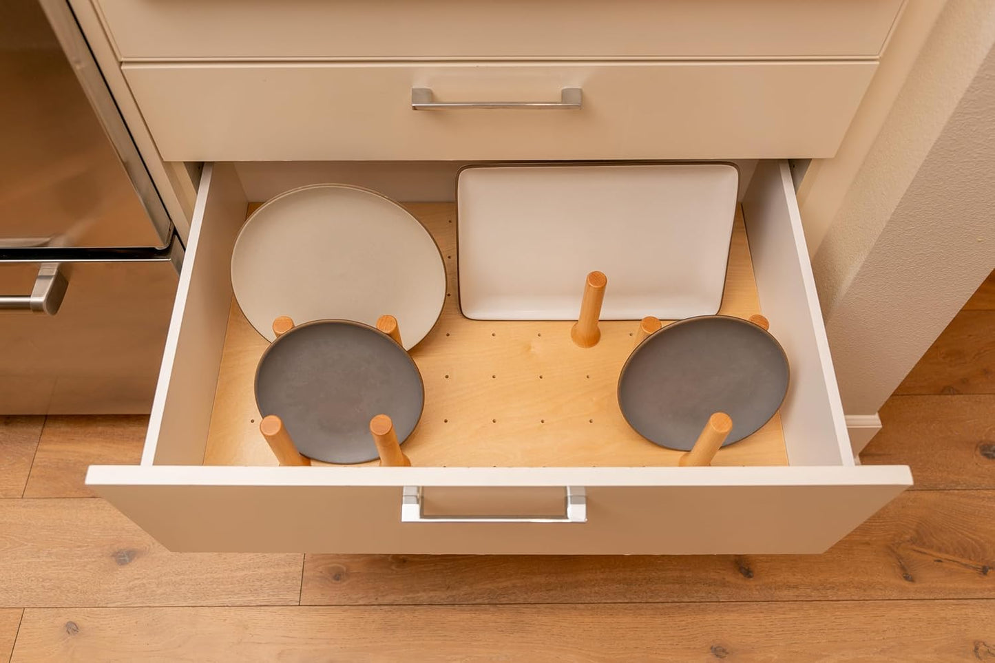 Custom Pegboard Drawer Organizer – Maple Wood – Deep Drawer Insert, Divider for Pots, Pans, Lids & Trays - Kitchen Cabinet Storage - No Cutting or Tools Needed – Made in USA