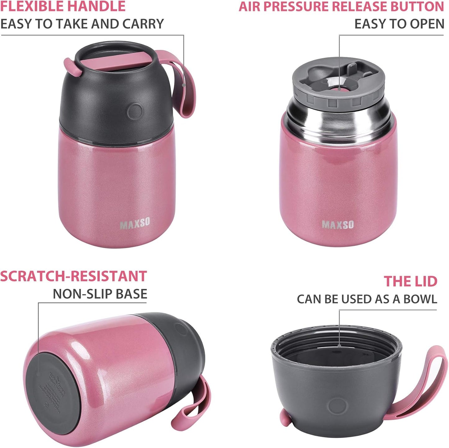 Insulated Thermo Food Jar for Hot & Cold Food for Kids Adult, 17&24 oz Soup Thermal Hot Food Containers for Lunch, Triple Layer Insulation Stainless Steel Food Jar with Spoon (2 Pack Pink)