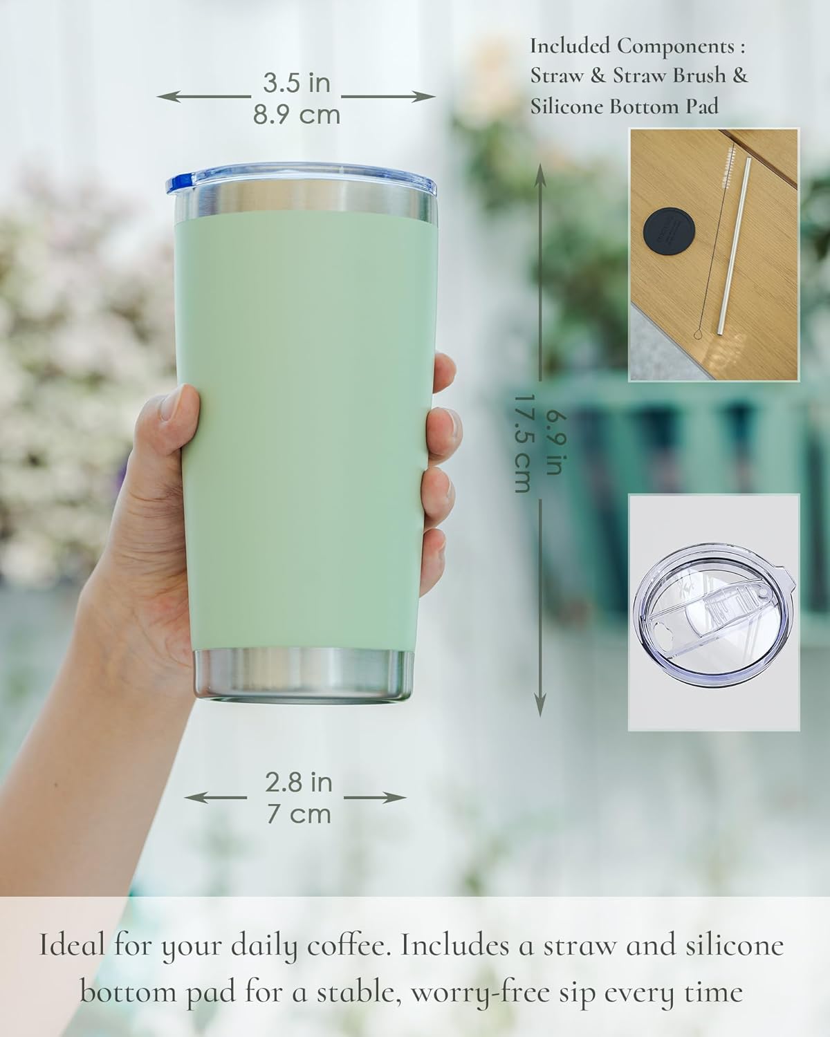 Travel Coffee Tumbler 20oz, 1 Pack Leakproof Travel Coffee Mug with Lid and Straw, Stainless Steel Double Wall Vacuum Insulated Tumbler for Hot/Iced Drinks (Textured Matte, Mint Green)