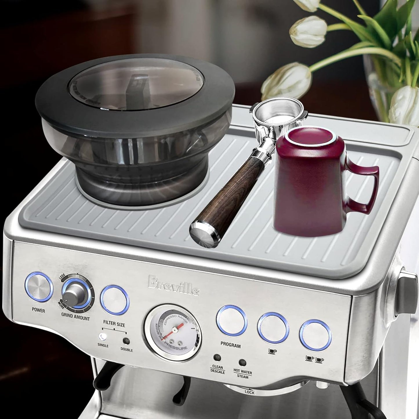 Tamping Mat for Breville 870/880, Espresso Tamper Mat for Barista Touch/Express, Silicone Prevent Scratching, Top Mat for Breville Espresso Machine Accessories, Waterproof Heat Resistant(Grey)