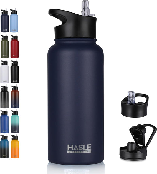 HASLE OUTFITTERS 32 oz Insulated Water Bottle Stainless Steel Double Walled Vacuum Sports Water Bottle with 2 Lids (Straw and Spout Lid) for Gym Camping Hiking(Navy,1)
