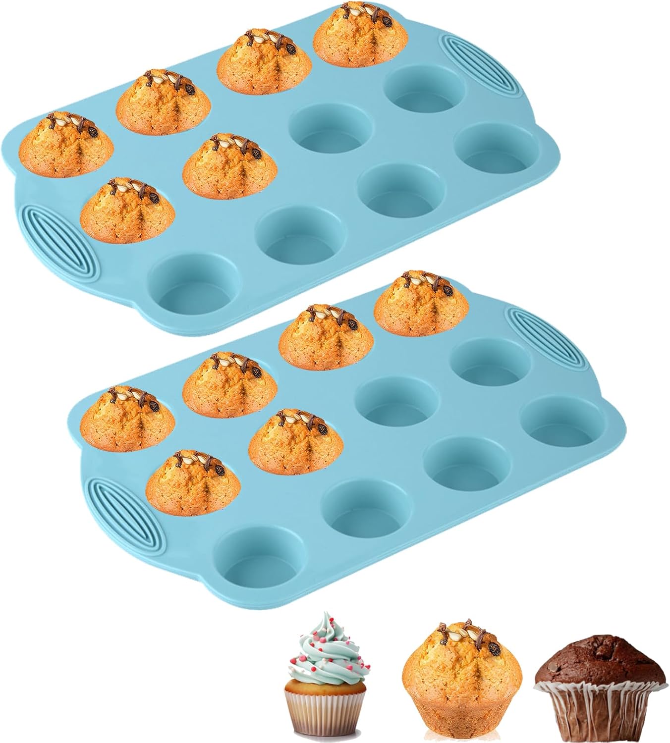 2 Pack Silicone Muffin Pan - 12 Regular Size Cups Muffin Pan, Non-Stick Cupcake Pan Great for Homemade Muffins,Cupcakes, Muffin Cakes, Oven and Dishwasher Safe BPA Free（Blue）