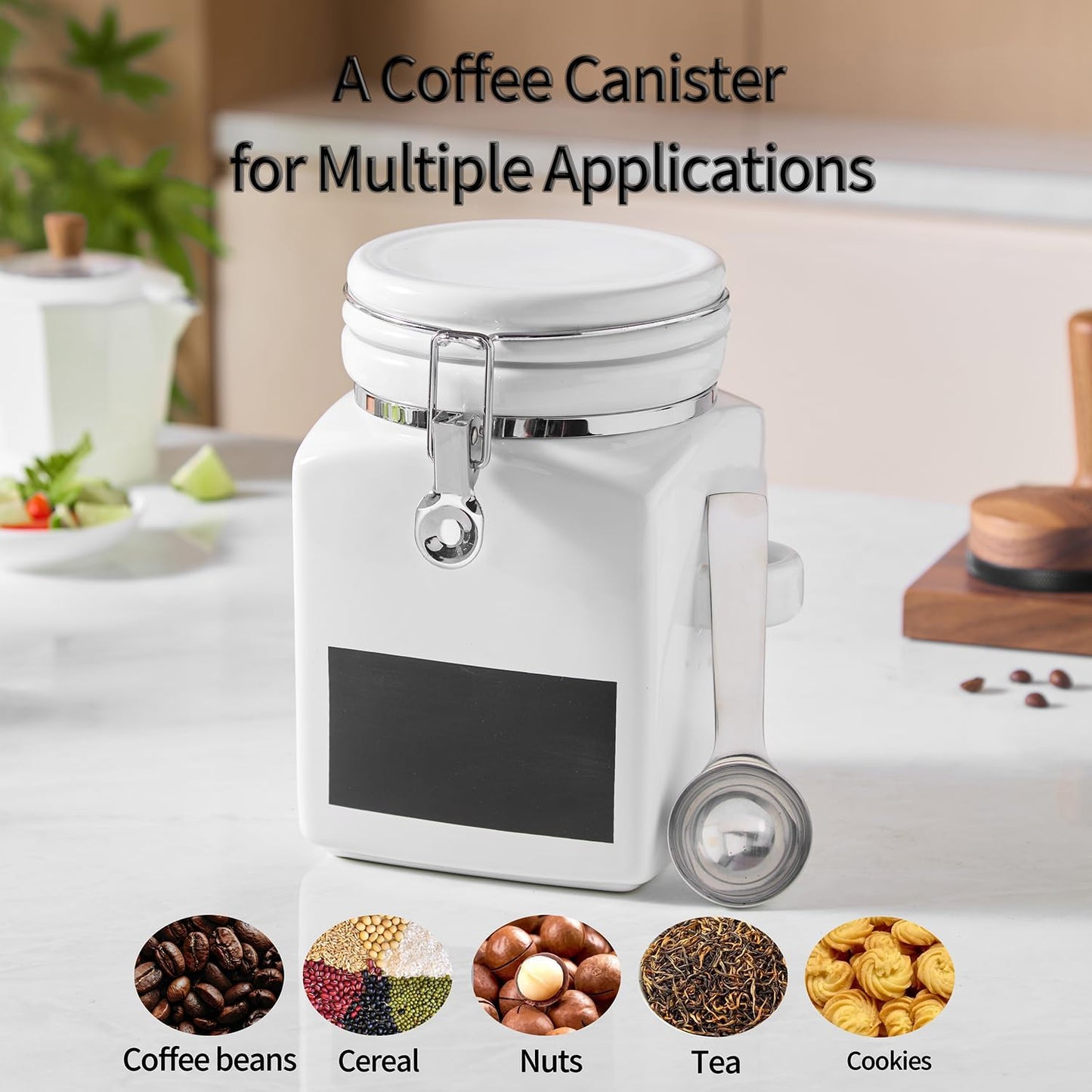 Ceramic Coffee Canister with Airtight Lid and Scoop, Large 78 Fl Oz / 2.3 L Kitchen Food Storage Container Jar for Grounds Coffee, Beans, Tea, Sugar, Flour, Cereal, Nuts, Cookie, White