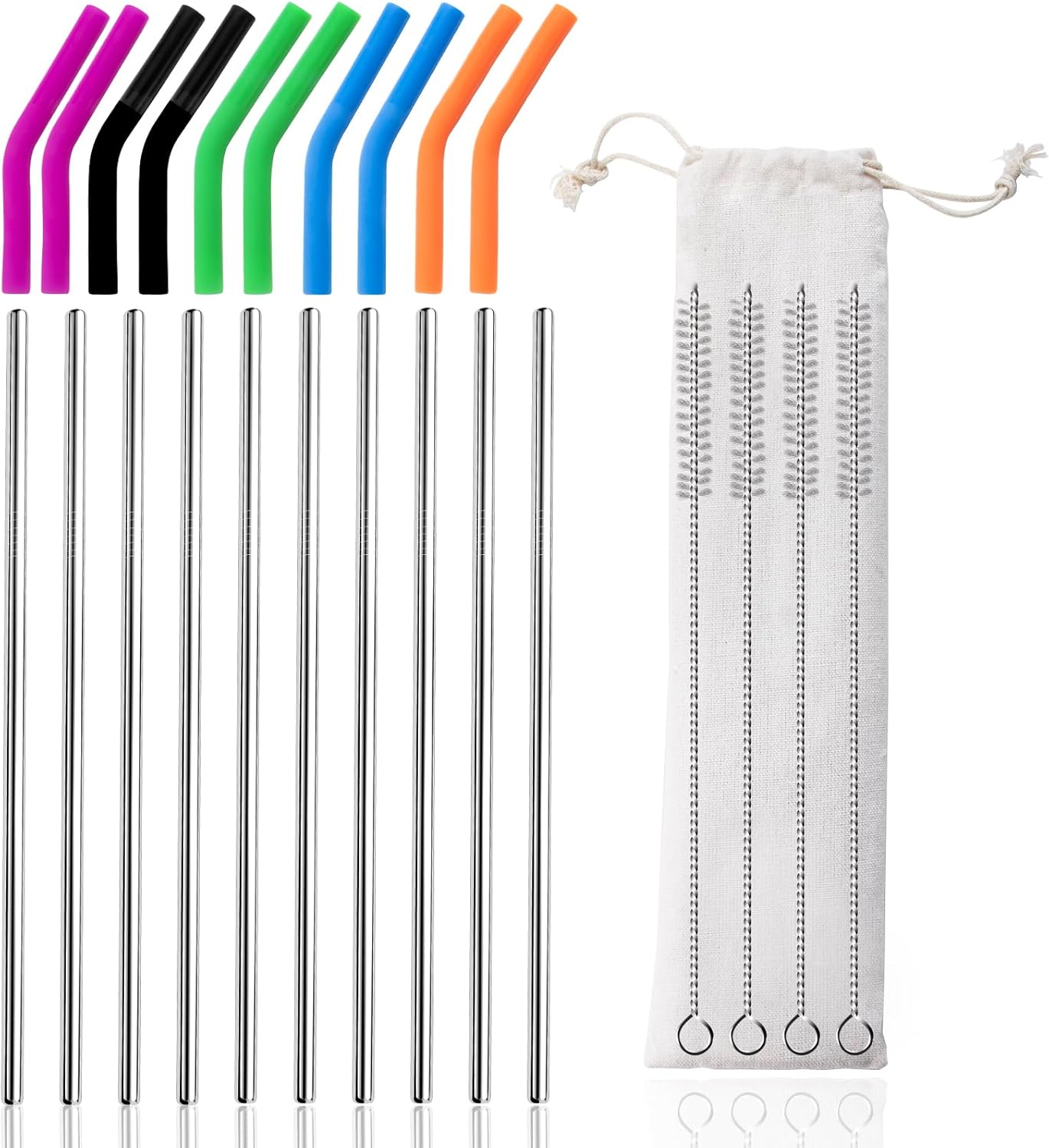 Lazycorner 10 Pcs Metal Straw Reusable 8.5" 6mm Stainless Steel Straws,20oz-32oz, Silver Drinking Straws with Silicone Tips, 4 Straw Cleaner Brush, 1 Travel Case