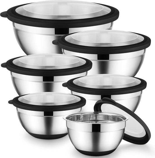 Mixing Bowls with Lids Set of 6 for Kitchen, Stainless Steel Metal Nesting Bowls with Non-Slip Bottom Black - Size 1, 1.5, 2, 2.6, 3.5, 7QT