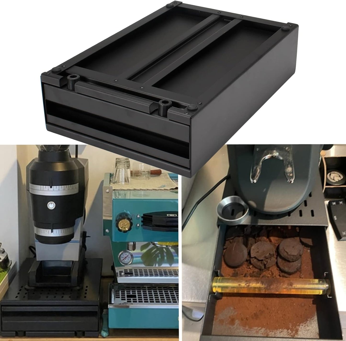 Espresso Knock Box Drawer, Stainless Steel Pull-Out Style Coffee Grounds Powder Container Bin for Cafes Restaurant Home Bar, Large, 14.96 x 10.03 x 3.93 inch (Black)