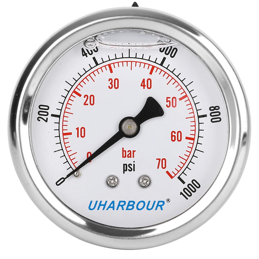 Glycerin Filled Pressure Gauge 1000psi/70bar, Stainless Steel case, Brass Inside Construction, 2-1/2" dial, 1/4" NPT Back Connection…
