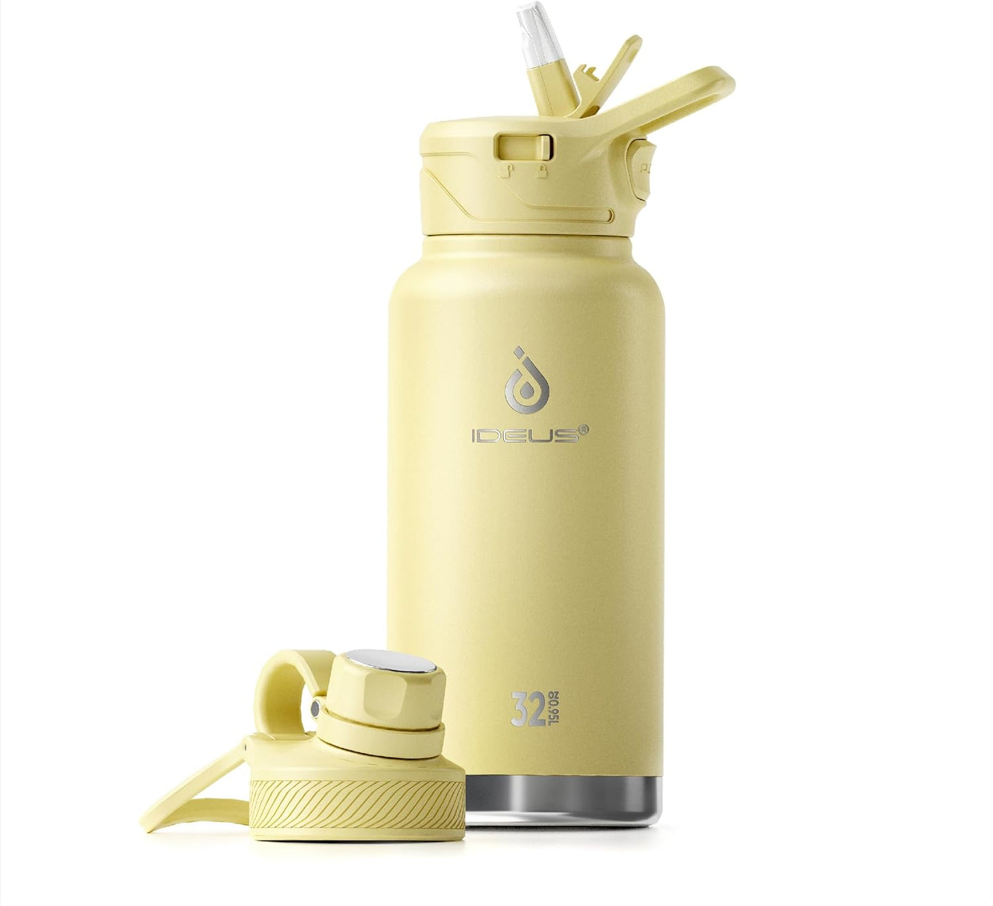 IDEUS Insulated Stainless Steel Water Bottle with 2 Leak-Proof Lids, Thermal Water Flask for Hiking Biking, 32oz, Light Yellow