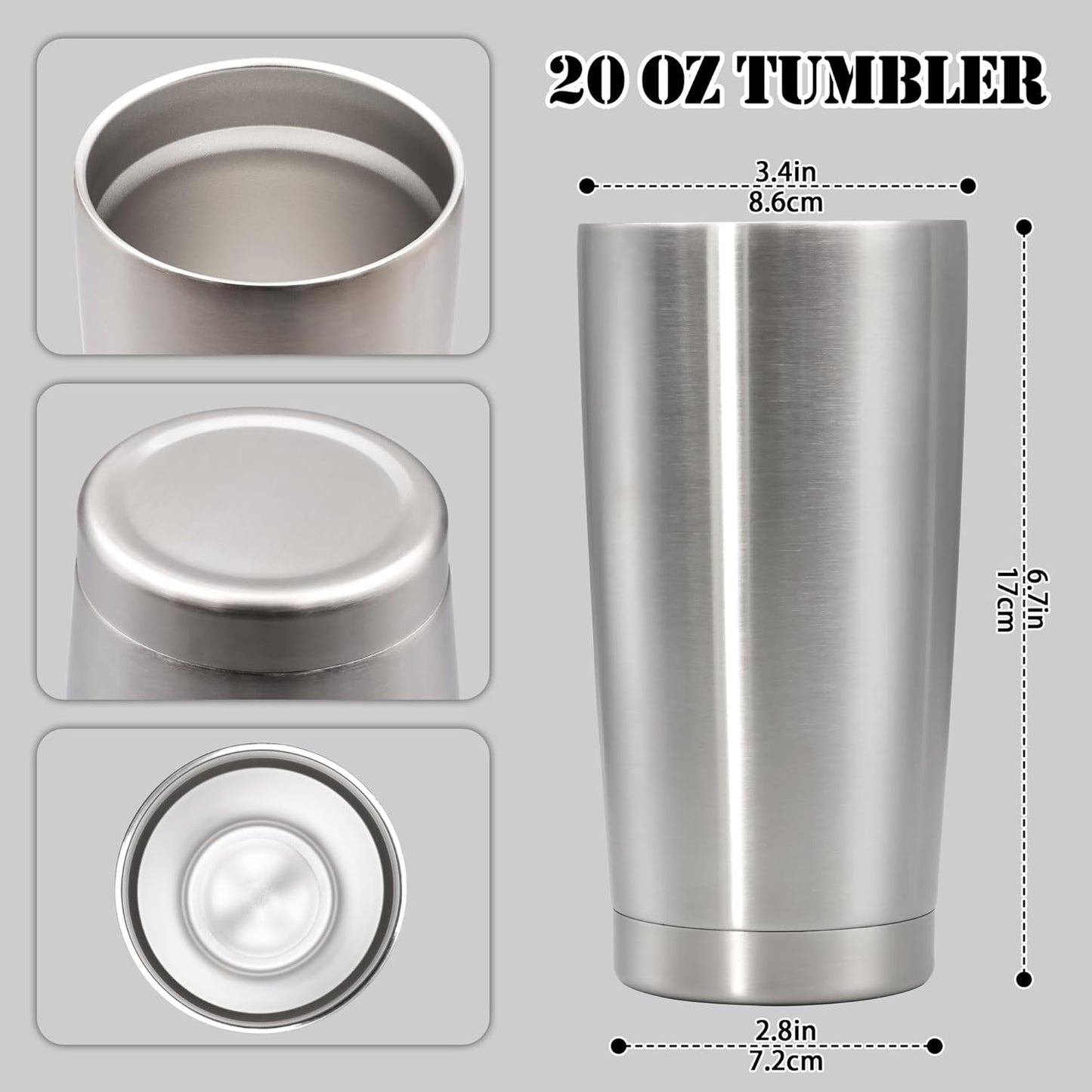 20 oz Tumbler with lid Double Wall Vacuum Insulated Tumblers Stainless Steel Coffee Mug Travel Coffee Tumbler Powder Coated Tumbler Cup Keep Hot&Cold - (Stainless 12 Pack)