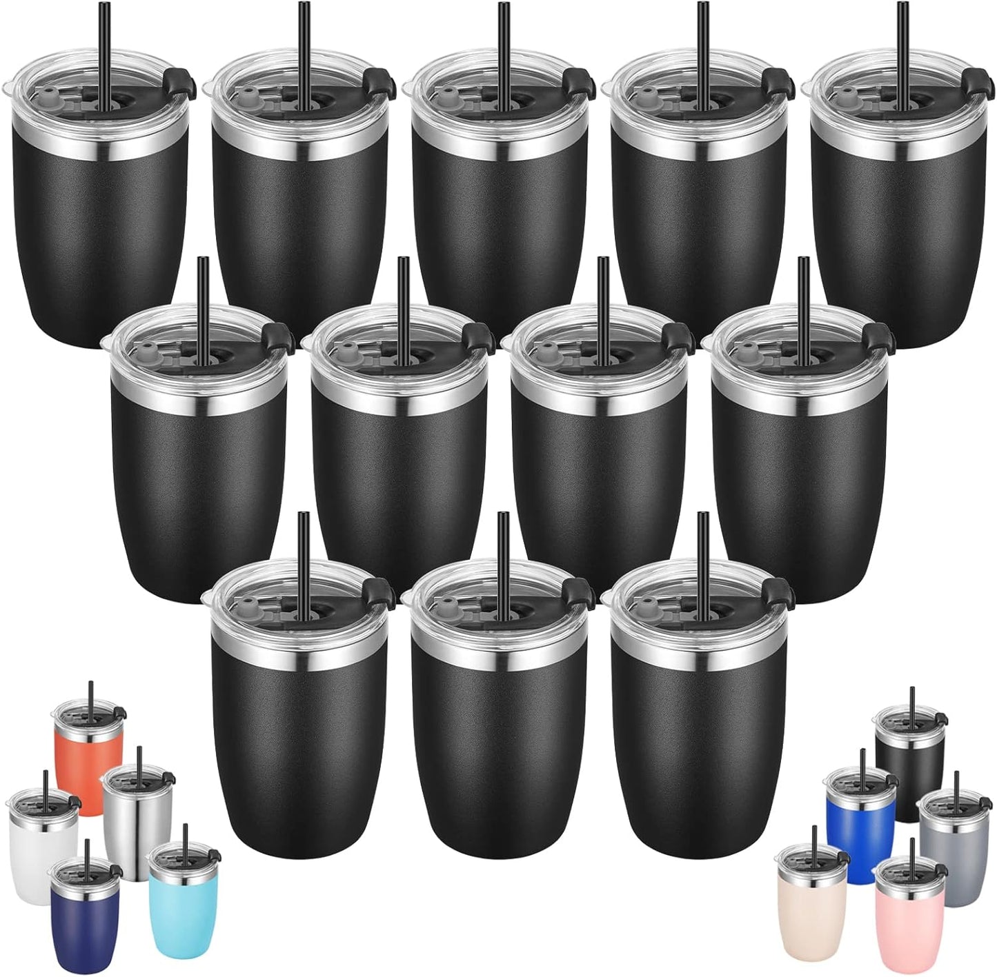 VEGOND Stainless Steel 12 oz Tumblers bulk Vacuum Insulated Double Wall Travel Tumbler with Lid and Straw Reusable Tumbler,Black 12 pack