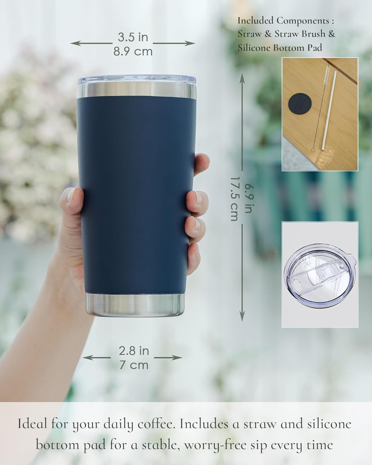 Travel Coffee Tumbler 20oz, 8 Pack Leakproof Travel Coffee Mug with Lid and Straw, Stainless Steel Double Wall Vacuum Insulated Tumbler for Hot/Iced Drinks (Textured Matte, Navy Blue)