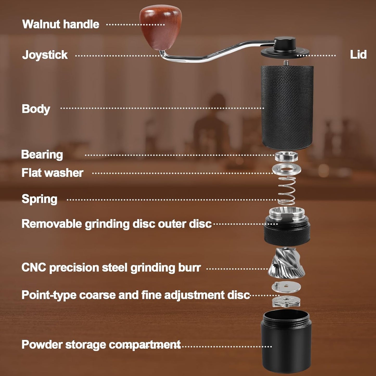 Manual Coffee Grinder Detachable Stainless Steel Conical Burr Aluminum Coffee Bean Grinder with 25 Grinding Settings Cleaning Brush Grindable Espresso Moka Pot French Press for Camping Black