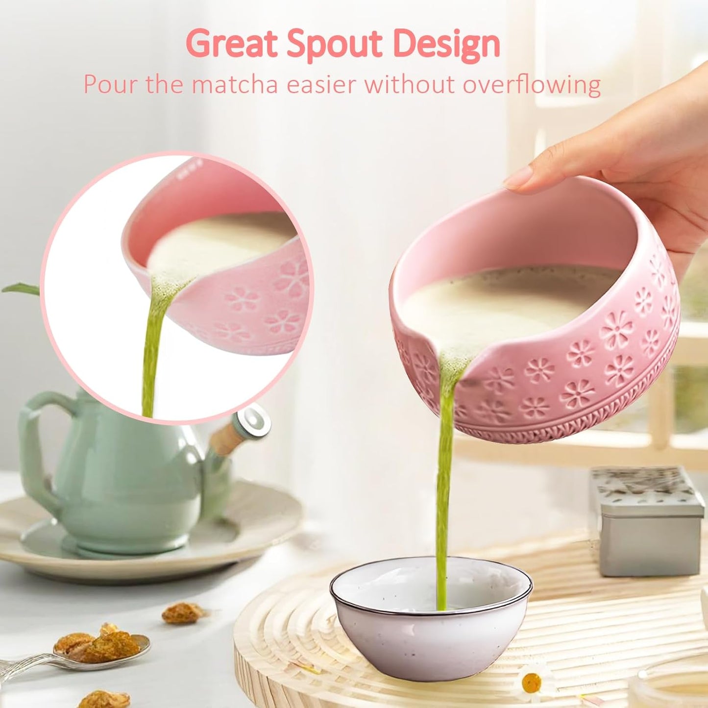 8 Pcs Matcha Whisk Set: Pink Matcha Tea Set Includes Ceramic Bowl, Whisk and Holder, Bamboo Scoop, Scoop Rest, Sifter and Tea Towel - Matcha Making Kit for Matcha Lovers