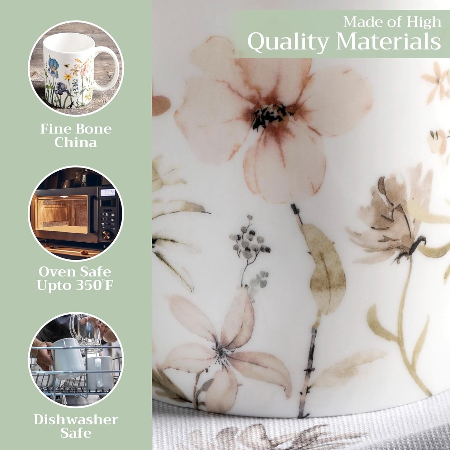 Maison d' Hermine Coffee Mug with Handles Fine Bone China Mugs Pack of One Tea Cups for Hot Beverages Cappuccino Latte Home Office Perfect for Gift (Ice Florals - Romantic Morning, 15 Ounce)