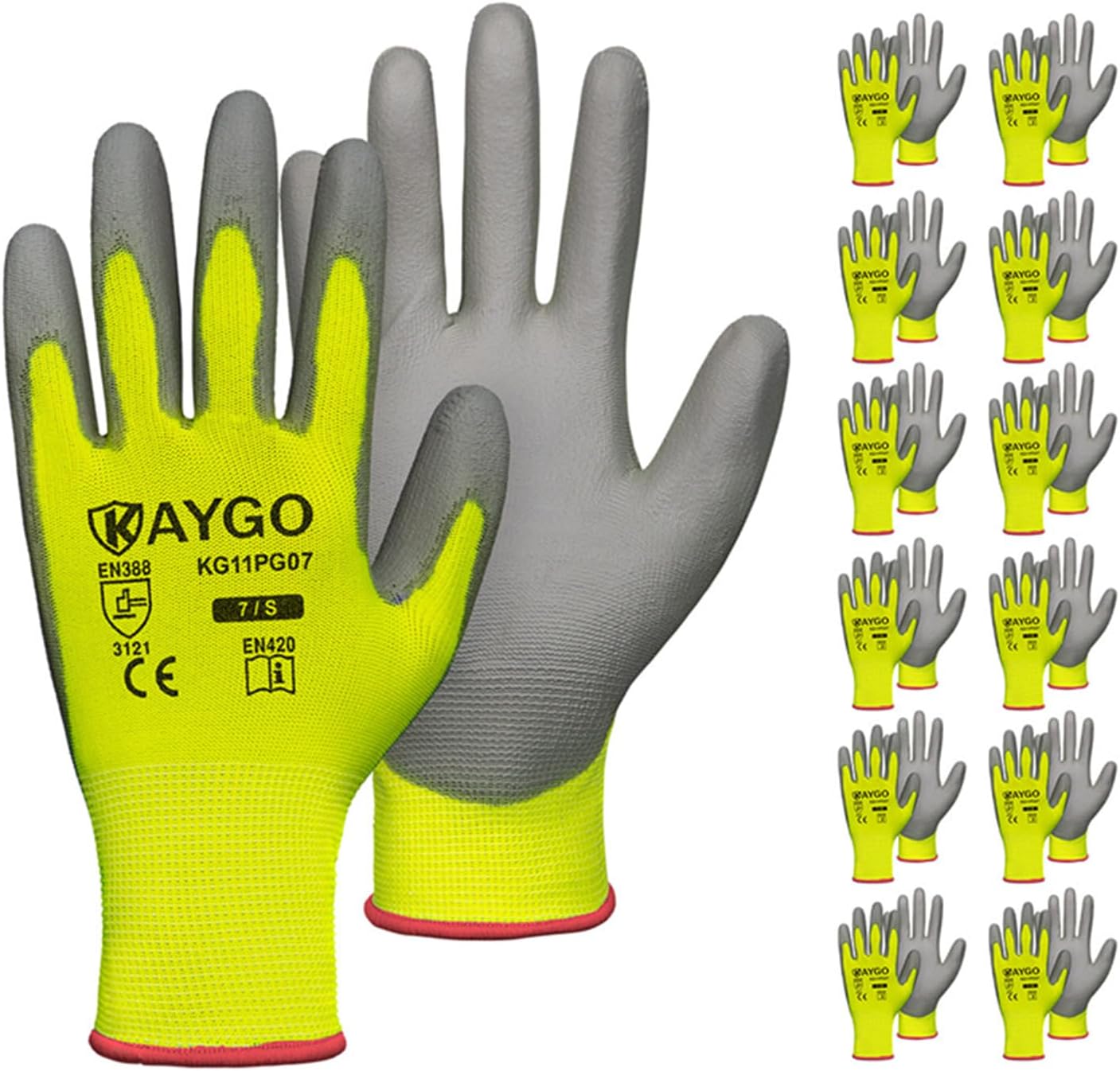 KAYGO Safety Work Gloves PU Coated-12 Pairs, KG11PB, Seamless Knit Glove with Polyurethane Coated Smooth Grip on Palm&Fingers, for Men and Women, Ideal for General Duty Work (Small, Green)