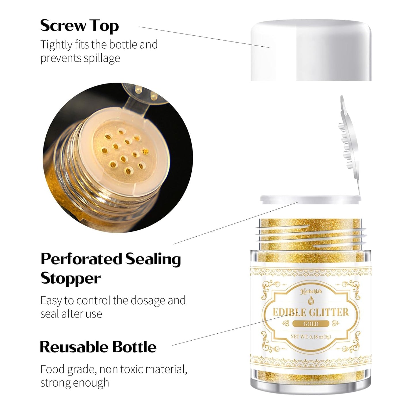 Edible Glitter for Cocktails - 5 Colors Luster Dust Edible Drink Glitter Food Grade Metallic Shimmer Powder for Beverage Chocolate, 5g/Bottle