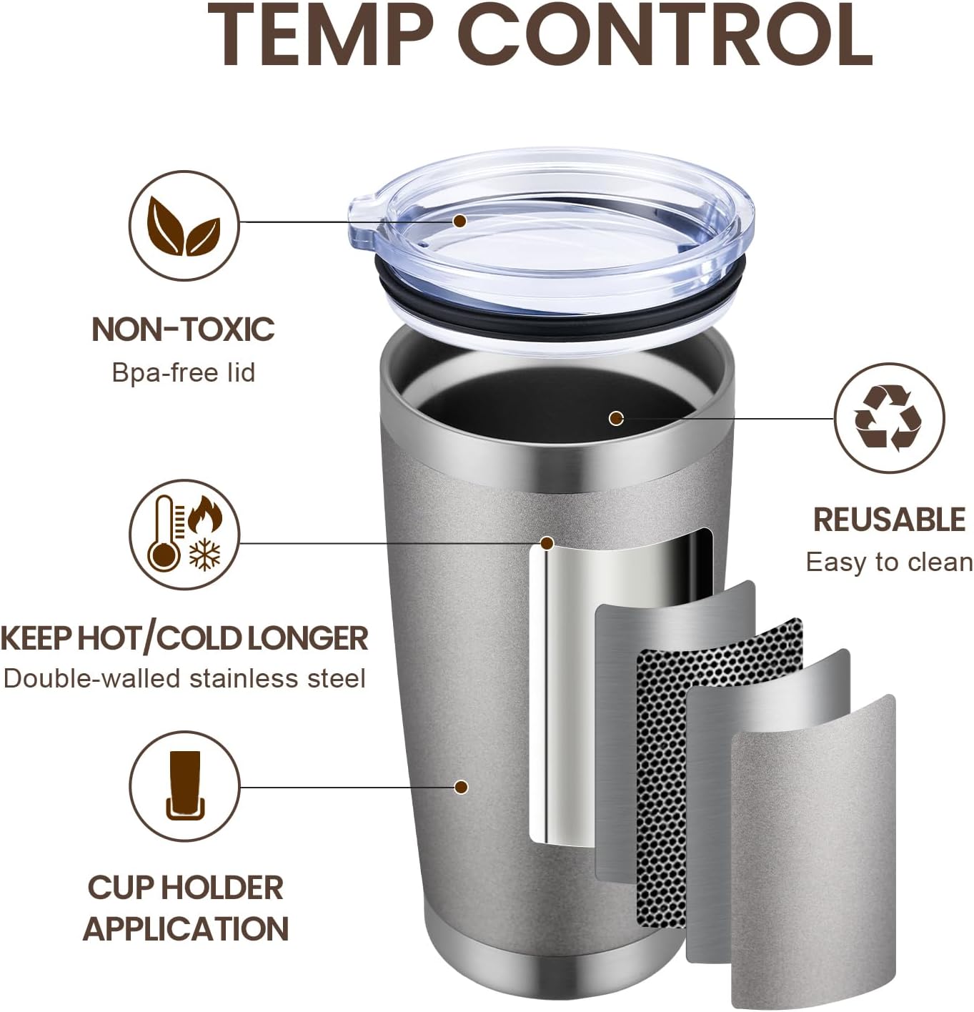 MEWAY 20oz Tumbler 8 Pack Double Wall Vacuum Insulated Travel Mug Bulk, Stainless Steel Tumblers with Lid and Straw, Durable Powder Coated Coffee Cups for Cold & Hot Drinks (Cold Gray, 8)