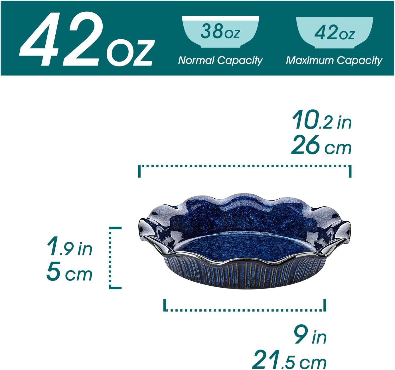 vancasso Stern Ceramic Pie Pan, 9 inch Pie Pans with Ruffled Edge, Deep Pie Dishes for Baking, Round Pie Plates for Apple, Quiche, Pot Pies, Tart, Oven & Dishwasher Safe, Set of 2, Blue