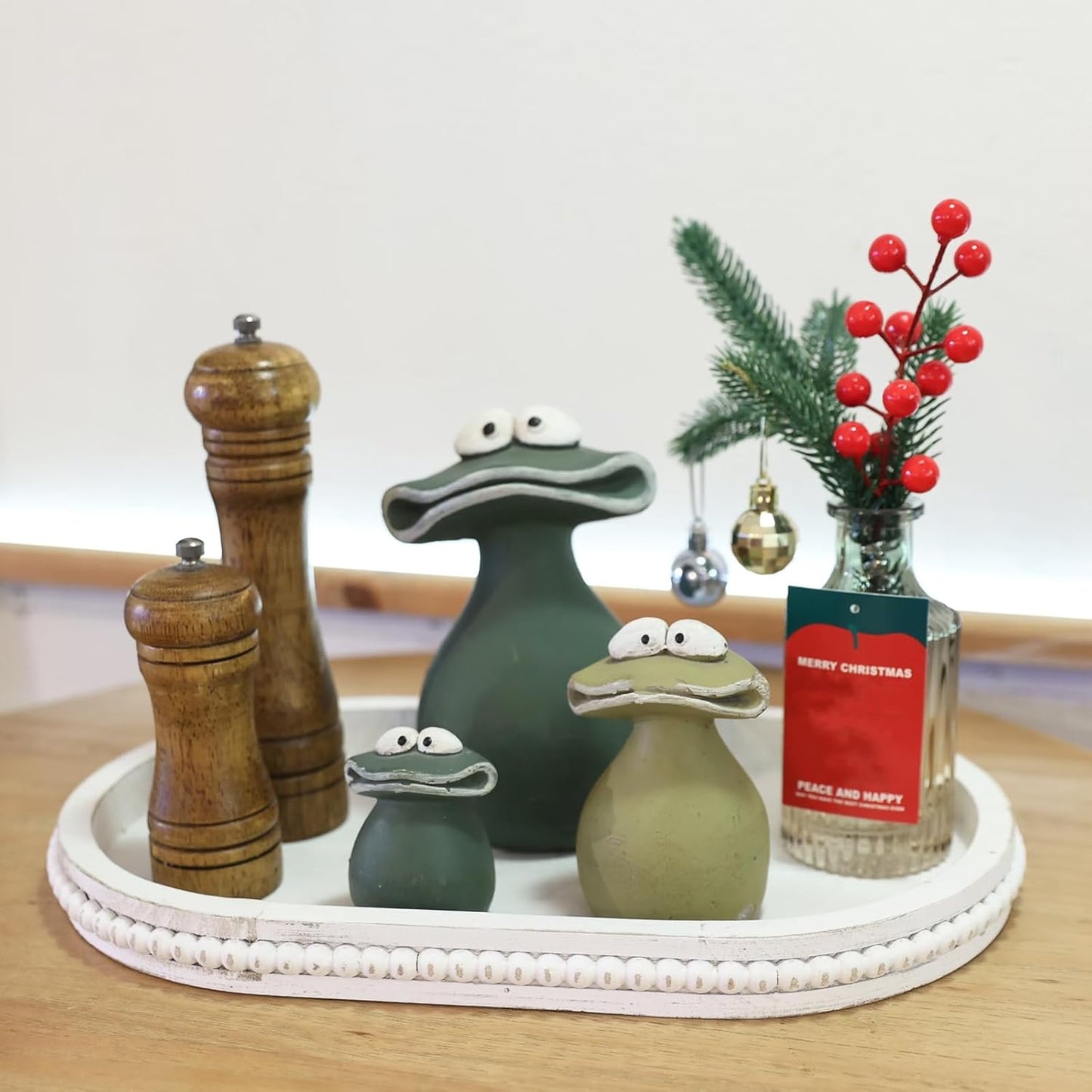 Oval Wood Serving Tray with Wooden Beads, Outdoor Farmhouse Decorative Tray for Ottoman, Coffee Table, Kitchen Counter Organizer, Home Decor(Whitewashed)