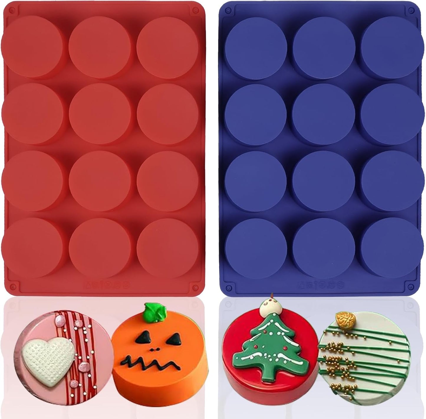 Round Chocolate Cookie Silicone Molds, New Size 12-Cavity Cylinder Chocolate Cover Cookie Silicone Molds for Candy Mini Cakes Jelly Baking (Red Blue)