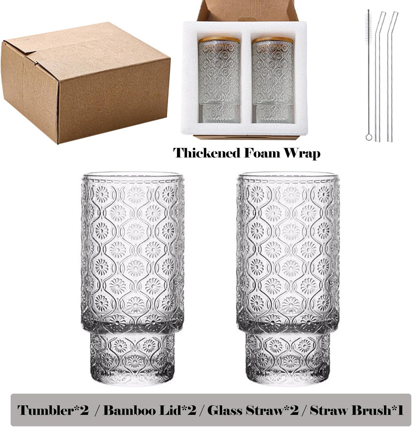 2 Pack of Glass Cups, 12 OZ Clear Glass Tumbler with Lid & Straw, Glass Iced Coffee Cup with Lids, Drinking Glasses Cups for Coffee, Juice, Tea, Cocktail