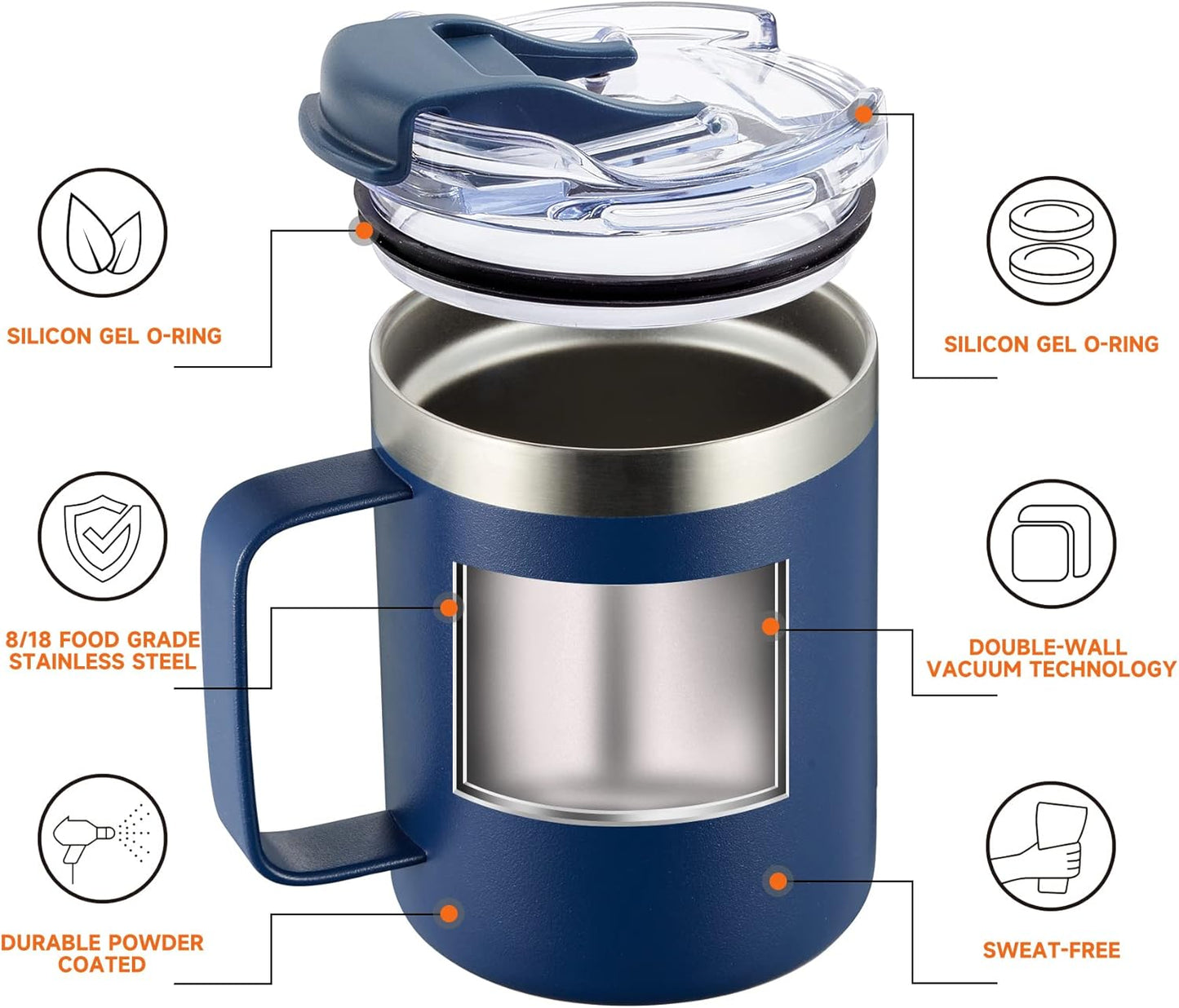 ALOUFEA 12oz Stainless Steel Insulated Coffee Mug with Handle, Double Wall Vacuum Tumbler Cup with Fliping Lid, Navy, 4 Pack