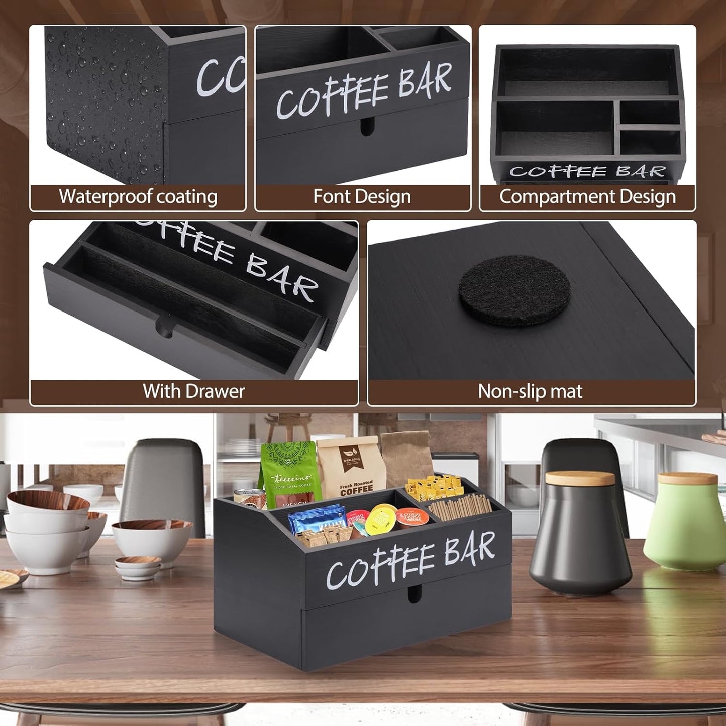 Coffee Station Organizer, Wood Coffee Bar Accessory with Drawer, K Cup Condiment Organizer & Pod Holder (30x20x16cm) - Black