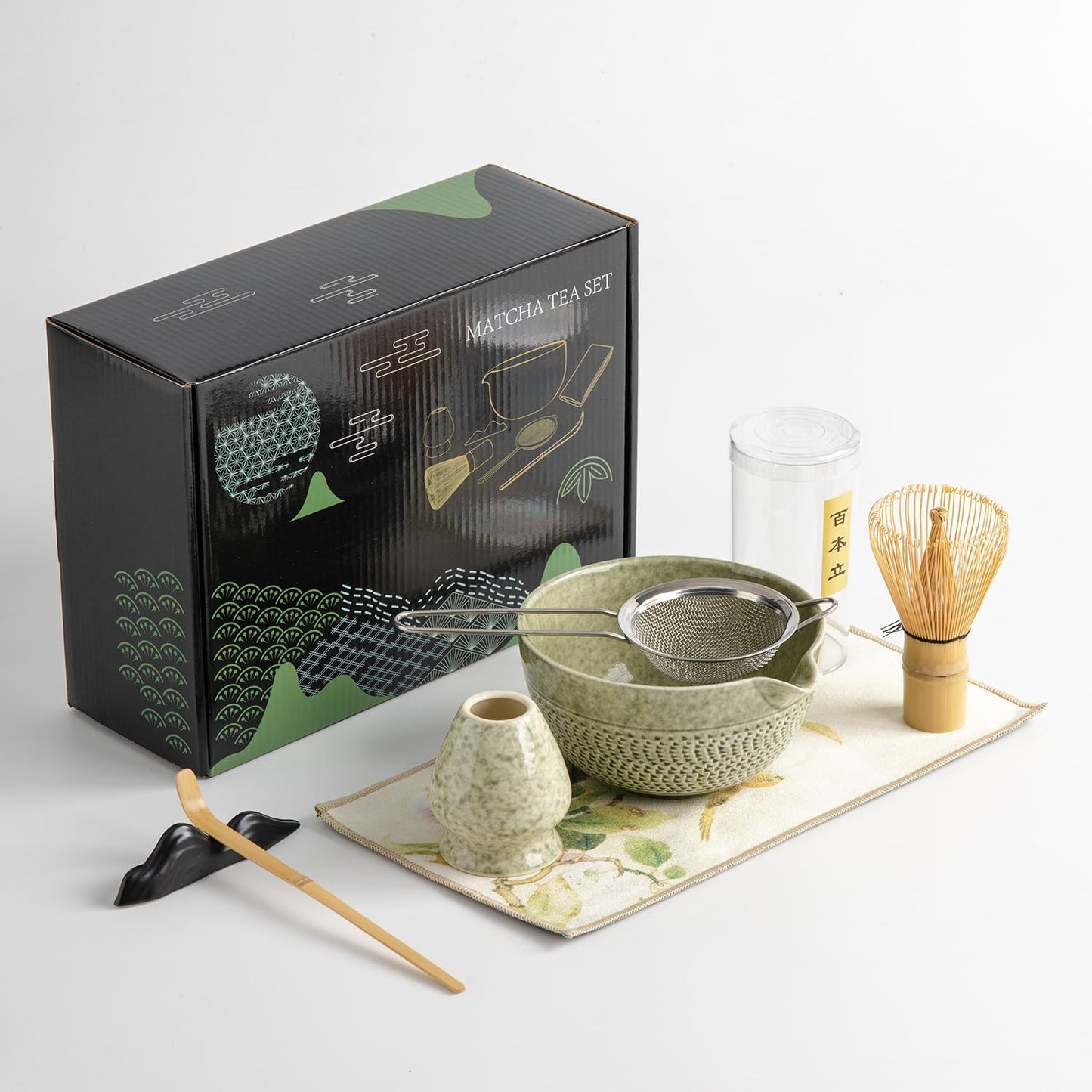 Japanese Matcha Ceremony Accessory, Matcha Whisk, Traditional Scoop (Chashaku), Tea Spoon, Whisk Holder, 1 tea bowl, 1 tea siev, The Perfect Set to Prepare a Traditional Cup of Matcha.