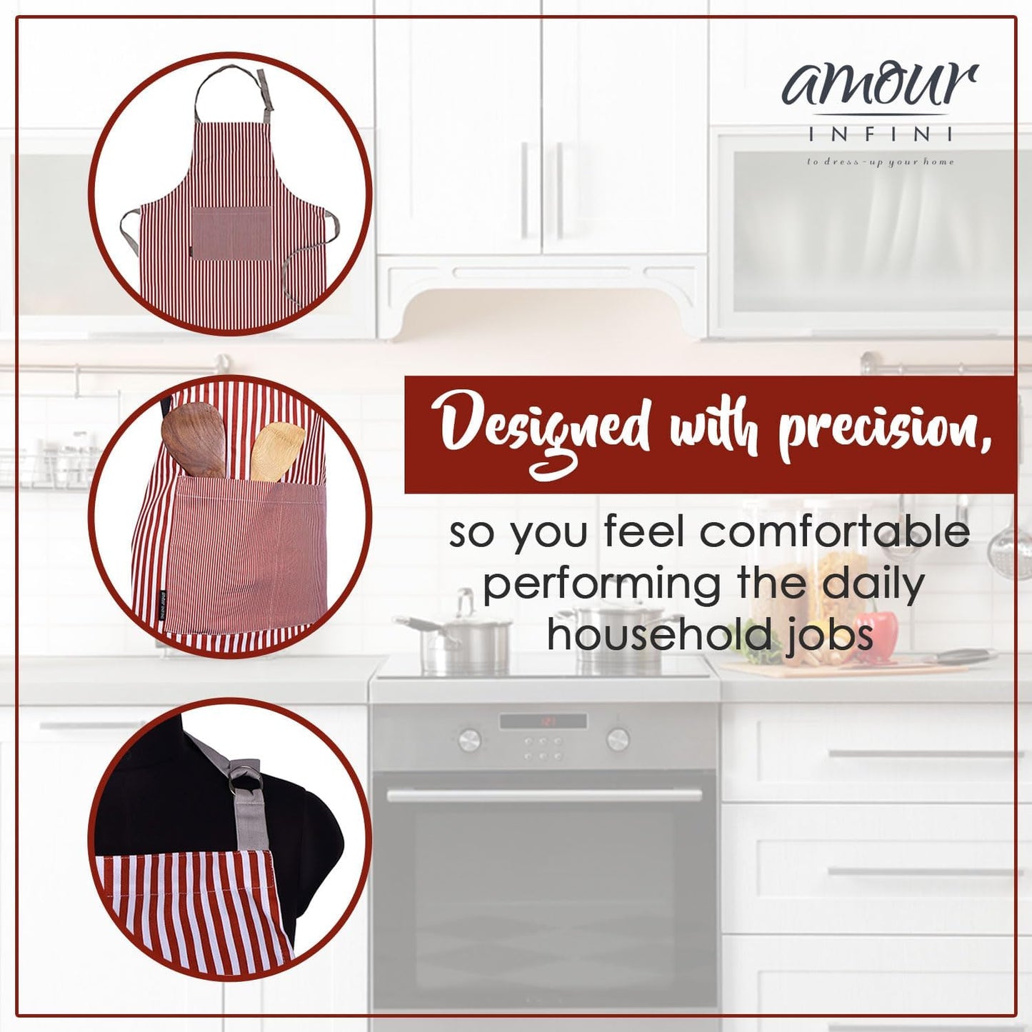 AMOUR INFINI Cotton Aprons for Women with Pockets Adjustable Strap and Waist Ties Washable Printed Aprons for Baking, Cooking, Gardening (27.5 x 33 Inches - Rust)