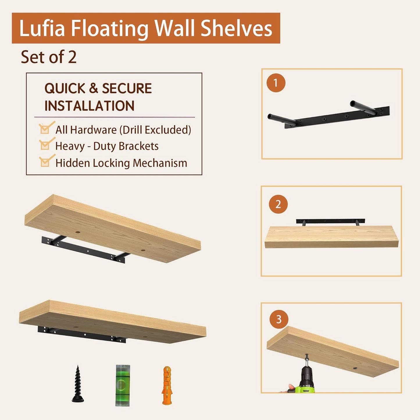 Lufia Floating Wall Shelves, Set of 2, MDF with Invisible Brackets, Modern Storage for Bedroom, Bathroom, Living Room, Kitchen (Oak, 24" W x 7" D x 1.5" H)