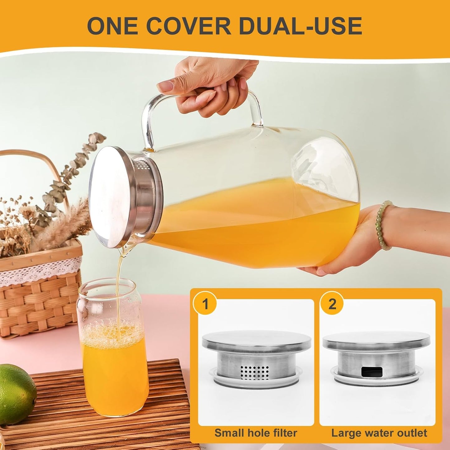 Glass Pitcher with Lid,1 Gallon Glass Water Pitcher Hot/Cold Water Jug, Juice and Iced Tea Beverage Carafe with Lid (Extra-Wide Mouth)