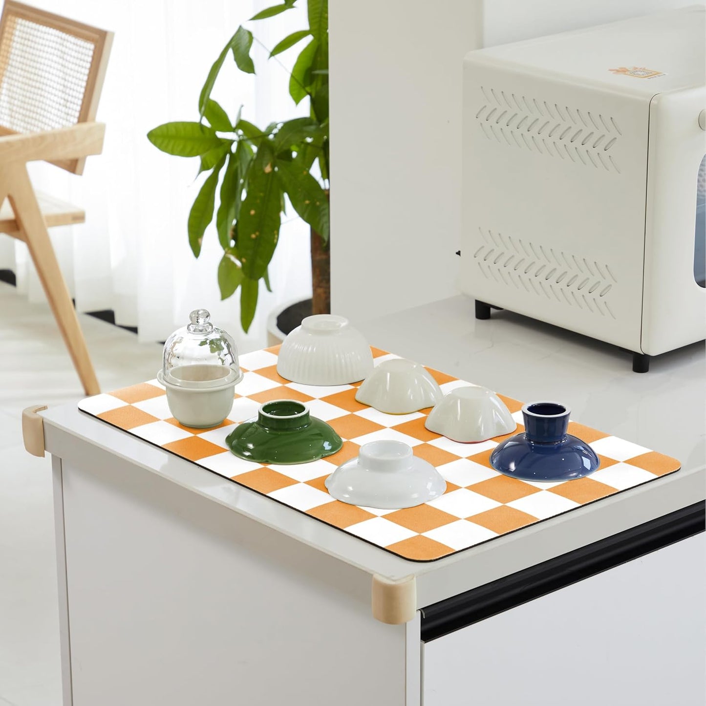 Checkered Dish Drying Mat for Kitchen Counter, Coffee Bar Station Accessories, Retro Cute Fall Aesthetic Modern Absorbent Drainer Mat Kitchen Drying Mat Easy Clean, Orange 12" x 19"