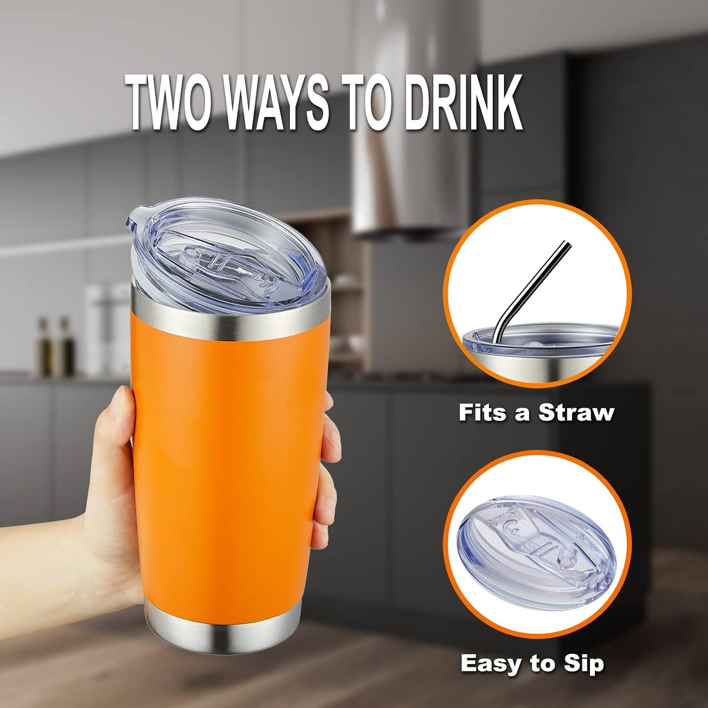 COMOOO 20oz Tumbler Bulk Double Wall Vacuum Insulated Travel Mug, Stainless Steel Tumbler with Lid and Straw Durable Powder Coated Insulated Coffee Cup for Cold & Hot Drinks (Orange, 2 pack