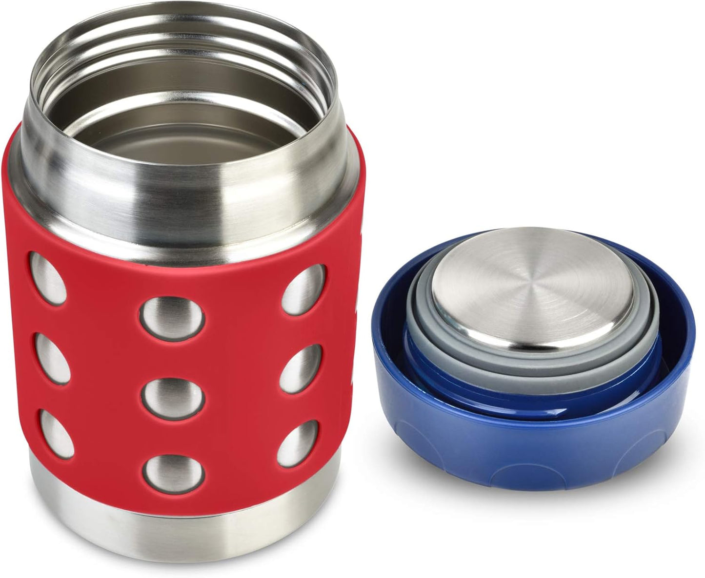 LunchBots Thermal 12 oz Triple Insulated Thermos - Hot 6 Hours or Cold 12 Hours - Leak Proof Thermos Soup Jar - All Stainless Interior - Navy Lid - Red Dots